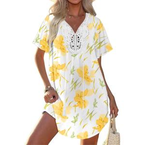 Ekouaer Swimsuit Cover Ups for Women Lace Crochet V-Neck Bikini Beach Coverups Dress for Swimwear Bathing Suit(Brigitte Floral)