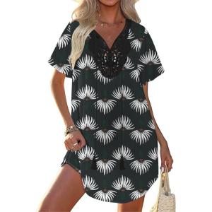 Ekouaer Swimsuit Cover Ups for Women Lace Crochet V-Neck Bikini Beach Coverups Dress for Swimwear Bathing Suit(Dark Blue Floral Print)