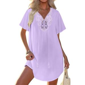Ekouaer Swimsuit Cover Ups for Women Lace Crochet V-Neck Bikini Beach Coverups Dress for Swimwear Bathing Suit(Lilac)