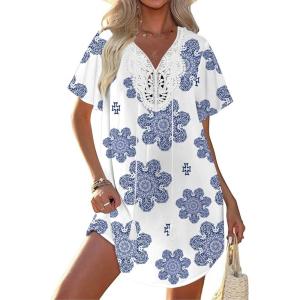 Ekouaer Swimsuit Cover Ups for Women Lace Crochet V-Neck Bikini Beach Coverups Dress for Swimwear Bathing Suit(Navy Mandala)