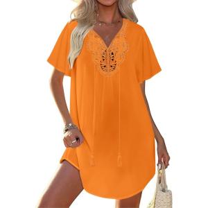 Ekouaer Swimsuit Cover Ups for Women Lace Crochet V-Neck Bikini Beach Coverups Dress for Swimwear Bathing Suit(Orange)