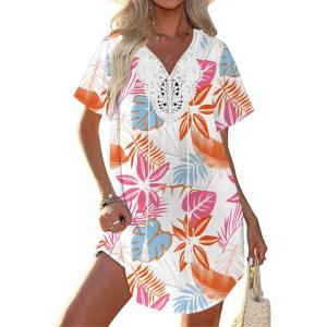 Ekouaer Swimsuit Cover Ups for Women Lace Crochet V-Neck Bikini Beach Coverups Dress for Swimwear Bathing Suit(Pastel Jungle)