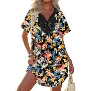 Ekouaer Swimsuit Cover Ups for Women Lace Crochet V-Neck Bikini Beach Coverups Dress for Swimwear Bathing Suit(Plumeria Print)