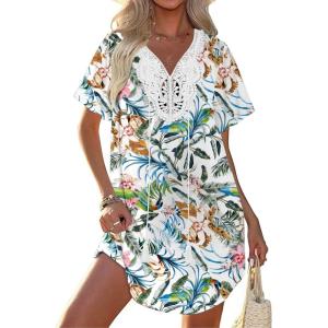 Ekouaer Swimsuit Cover Ups for Women Lace Crochet V-Neck Bikini Beach Coverups Dress for Swimwear Bathing Suit(Retro Tropics)