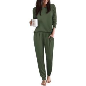 Ekouaer Women Pajama Sets 2 Piece Long Sleeves and Joggers Sleepwear Set Soft Pjs Lounge Set with Pockets(Dark Green)