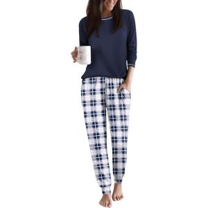 Ekouaer Women Pajama Sets 2 Piece Long Sleeves and Joggers Sleepwear Set Soft Pjs Lounge Set with Pockets(Navy Blue Plaid)