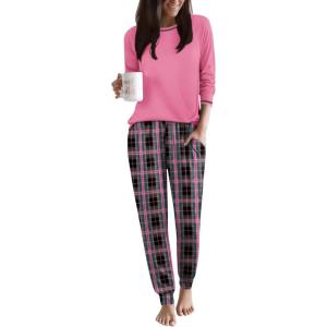 Ekouaer Women Pajama Sets 2 Piece Long Sleeves and Joggers Sleepwear Set Soft Pjs Lounge Set with Pockets(Pink Plaid)