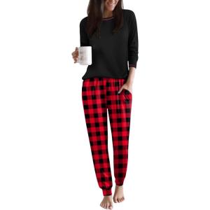 Ekouaer Women Pajama Sets 2 Piece Long Sleeves and Joggers Sleepwear Set Soft Pjs Lounge Set with Pockets(Red Plaid)
