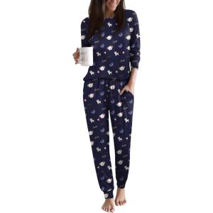 Ekouaer Women Pajama Sets 2 Piece Long Sleeves and Joggers Sleepwear Set Soft Pjs Lounge Set with Pockets(Teddy_navy Blue)