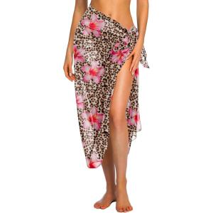 Ekouaer Women Sarong Swimsuit Coverups Chiffon Long Bikini Wraps Sheer Beach Bathing Suit Cover Up(A Leopard Pink Flower)