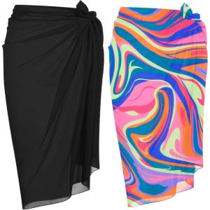 Ekouaer Women Sarong Swimsuit Coverups Chiffon Long Bikini Wraps Sheer Beach Bathing Suit Cover Up(Black/ Pink Art Stripe)