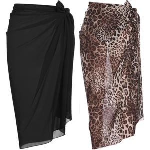 Ekouaer Women Sarong Swimsuit Coverups Chiffon Long Bikini Wraps Sheer Beach Bathing Suit Cover Up(Black+leopard)