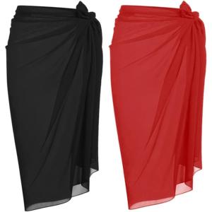 Ekouaer Women Sarong Swimsuit Coverups Chiffon Long Bikini Wraps Sheer Beach Bathing Suit Cover Up(Black+red)