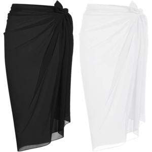 Ekouaer Women Sarong Swimsuit Coverups Chiffon Long Bikini Wraps Sheer Beach Bathing Suit Cover Up(Black+white)
