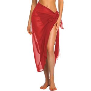 Ekouaer Women Sarong Swimsuit Coverups Chiffon Long Bikini Wraps Sheer Beach Bathing Suit Cover Up(Red)
