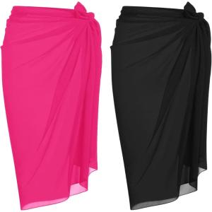 Ekouaer Women Sarong Swimsuit Coverups Chiffon Long Bikini Wraps Sheer Beach Bathing Suit Cover Up(Rose Red+black)