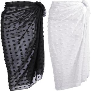 Ekouaer Women Sarong Swimsuit Coverups Chiffon Long Bikini Wraps Sheer Beach Bathing Suit Cover Up(Swiss Dot-black and White)