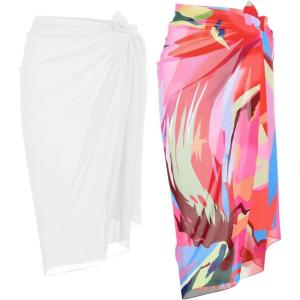 Ekouaer Women Sarong Swimsuit Coverups Chiffon Long Bikini Wraps Sheer Beach Bathing Suit Cover Up(White/Pat14)