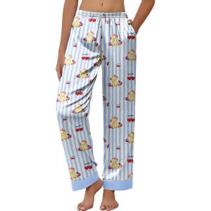 Ekouaer Women Silk Satin Pajama Pants, Color Block Loose Lounge Pants Elastic Waist Pj Bottoms with Pockets(Blue Stripe Teddy)