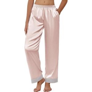 Ekouaer Women Silk Satin Pajama Pants, Color Block Loose Lounge Pants Elastic Waist Pj Bottoms with Pockets(Champagne)