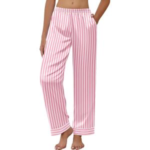 Ekouaer Women Silk Satin Pajama Pants, Color Block Loose Lounge Pants Elastic Waist Pj Bottoms with Pockets(Pink Stripe)