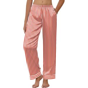 Ekouaer Women Silk Satin Pajama Pants, Color Block Loose Lounge Pants Elastic Waist Pj Bottoms with Pockets(Red Stripe)