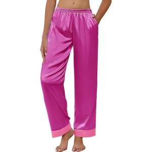Ekouaer Women Silk Satin Pajama Pants, Color Block Loose Lounge Pants Elastic Waist Pj Bottoms with Pockets(Rose Red)