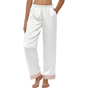 Ekouaer Women Silk Satin Pajama Pants, Color Block Loose Lounge Pants Elastic Waist Pj Bottoms with Pockets(White)