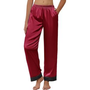 Ekouaer Women Silk Satin Pajama Pants, Color Block Loose Lounge Pants Elastic Waist Pj Bottoms with Pockets(Wine Red)