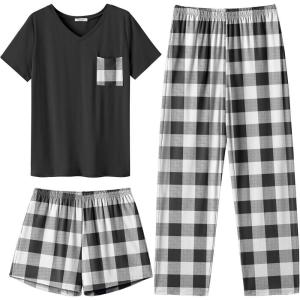 Ekouaer Women’s 3 Piece Pajama Set Short Sleeve Sleepwear Pj Set Top and Shorts Pants Pjs with Pockets(Black White Plaid)
