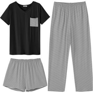 Ekouaer Women’s 3 Piece Pajama Set Short Sleeve Sleepwear Pj Set Top and Shorts Pants Pjs with Pockets(Black White Stripe)