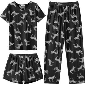 Ekouaer Women’s 3 Piece Pajama Set Short Sleeve Sleepwear Pj Set Top and Shorts Pants Pjs with Pockets(Black Zebra)