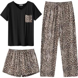 Ekouaer Women’s 3 Piece Pajama Set Short Sleeve Sleepwear Pj Set Top and Shorts Pants Pjs with Pockets(Brown Leopard)