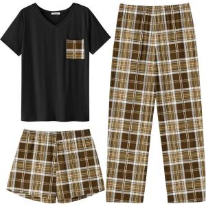 Ekouaer Women’s 3 Piece Pajama Set Short Sleeve Sleepwear Pj Set Top and Shorts Pants Pjs with Pockets(Brown Plaid)