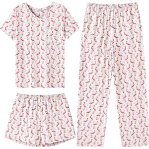 Ekouaer Women’s 3 Piece Pajama Set Short Sleeve Sleepwear Pj Set Top and Shorts Pants Pjs with Pockets(Flamingo Print)