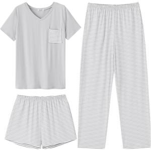 Ekouaer Women’s 3 Piece Pajama Set Short Sleeve Sleepwear Pj Set Top and Shorts Pants Pjs with Pockets(Gray Stripe)