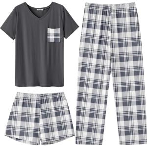 Ekouaer Women’s 3 Piece Pajama Set Short Sleeve Sleepwear Pj Set Top and Shorts Pants Pjs with Pockets(Light Gray Plaid)