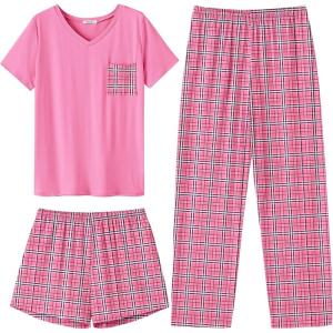 Ekouaer Women’s 3 Piece Pajama Set Short Sleeve Sleepwear Pj Set Top and Shorts Pants Pjs with Pockets(Pink Black Plaid)