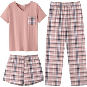 Ekouaer Women’s 3 Piece Pajama Set Short Sleeve Sleepwear Pj Set Top and Shorts Pants Pjs with Pockets(Pink Plaid)