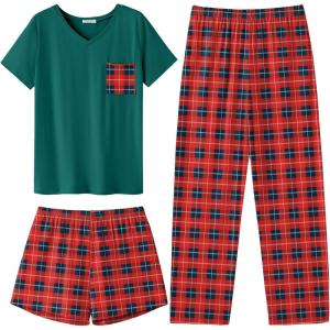 Ekouaer Women’s 3 Piece Pajama Set Short Sleeve Sleepwear Pj Set Top and Shorts Pants Pjs with Pockets(Red and Green Plaid)