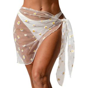 Ekouaer Women’s Coverups Beach Short Sarong Sheer Chiffon Cover Up Bikini Wraps S-3XL(Daisy-white)