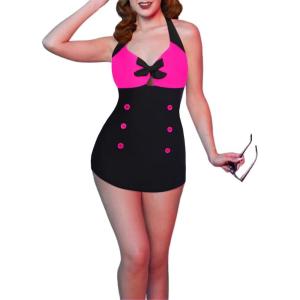 Ekouaer Womens One Piece Swimsuits Vintage Striped Skirt Bathing Suit Vintage Retro Push Up Swimwear(Black Pink)