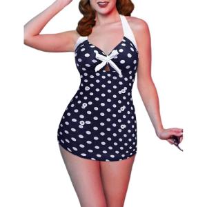 Ekouaer Womens One Piece Swimsuits Vintage Striped Skirt Bathing Suit Vintage Retro Push Up Swimwear(Black Polka Dot)