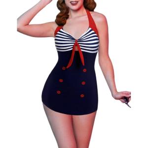Ekouaer Womens One Piece Swimsuits Vintage Striped Skirt Bathing Suit Vintage Retro Push Up Swimwear(Blue)