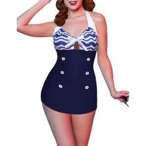 Ekouaer Womens One Piece Swimsuits Vintage Striped Skirt Bathing Suit Vintage Retro Push Up Swimwear(Blue Pattern)