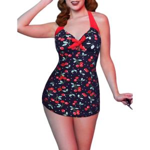 Ekouaer Womens One Piece Swimsuits Vintage Striped Skirt Bathing Suit Vintage Retro Push Up Swimwear(Cherry Print)