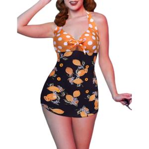 Ekouaer Womens One Piece Swimsuits Vintage Striped Skirt Bathing Suit Vintage Retro Push Up Swimwear(Lemon Print)