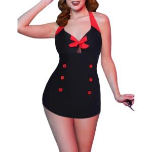 Ekouaer Womens One Piece Swimsuits Vintage Striped Skirt Bathing Suit Vintage Retro Push Up Swimwear(New Black)