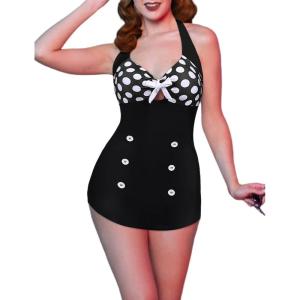Ekouaer Womens One Piece Swimsuits Vintage Striped Skirt Bathing Suit Vintage Retro Push Up Swimwear(Polka Dot)