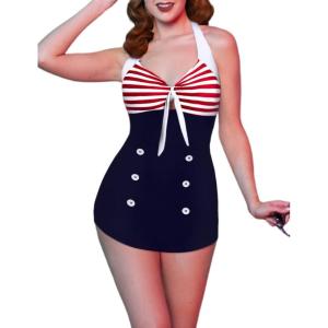 Ekouaer Womens One Piece Swimsuits Vintage Striped Skirt Bathing Suit Vintage Retro Push Up Swimwear(Red)